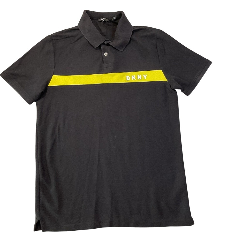 DKNY Polo Shirt Men's Small Black Yellow Stripe Short Sleeve Casual Top 2 Button